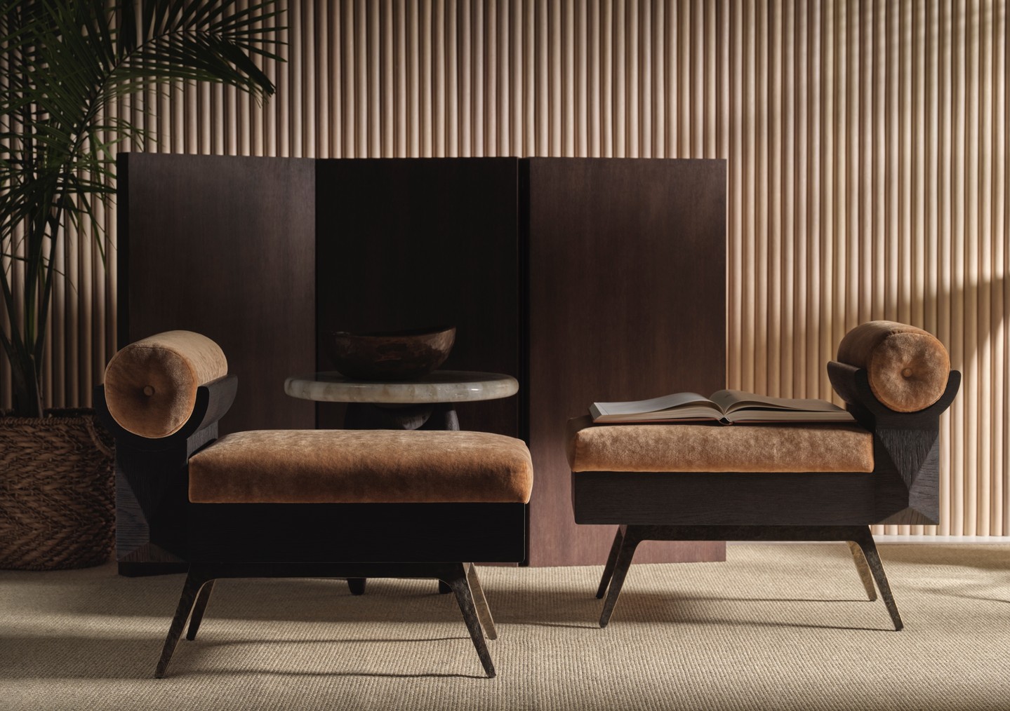 Inspired by the serow, an antelope-like animal with narrow legs, The Serow’s Banc is an artfully modern take on a traditional bench. Oak, fossilized brass finish and upholstery combine to create an exceptional option for an entryway or living space. Visit the link in our bio for more information. #ThisIsMcGuire #BillBensley