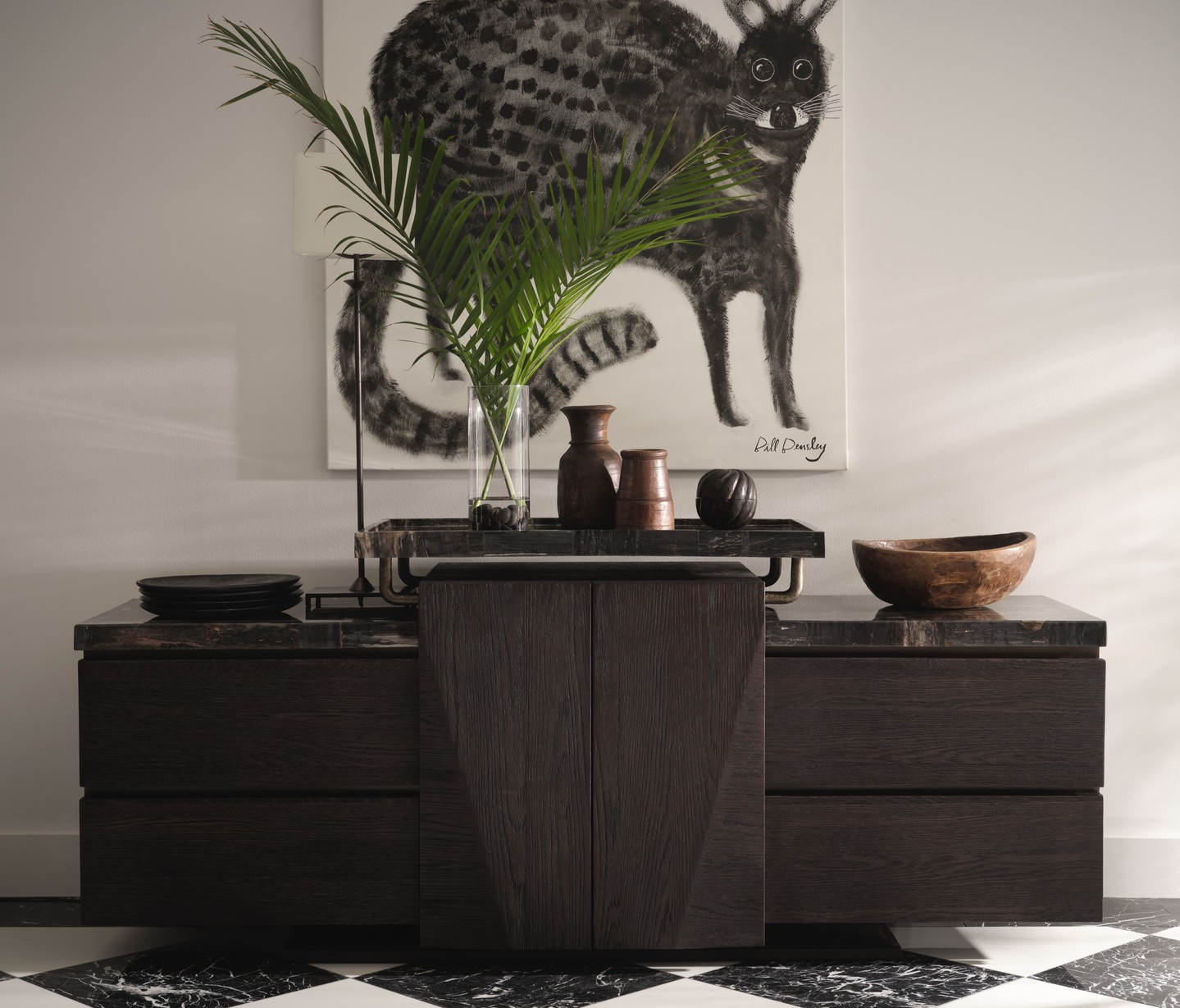 This piece is inspired by the dark, moody coloring of the rare kouprey, or forest ox. The Kouprey’s Credenza is modern and versatile, combining sandblasted oak, petrified wood and decorative metal accents. For added functionality, the elevated middle piece can be removed for serving purposes. Visit the link in our bio for more information. #ThisIsMcGurie #BillBensley
