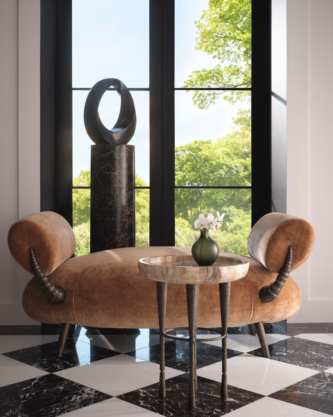 Balancing strength and elegance, The Serow’s Bench features cast metal in a fossilized brass finish. The bench is inspired by the serow, an antelope-like animal known for its slender legs and distinctive horns. Also featuring the Tiny Serow. Visit the link in our bio for more information. #ThisIsMcGuire #BillBensley