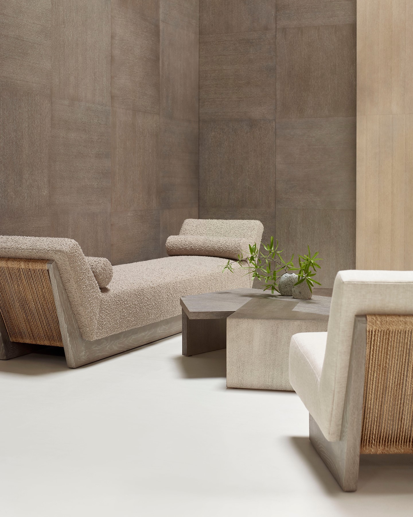 The Strand Chaise feels simple and symmetrical at first glance, but a closer look reveals a highly detailed oak and abaca rope base that cradles a tightly upholstered seat. Also featuring the Crossing Trio Cocktail Table and Strand Lounge Chair. Visit the link in our bio for more information. #ThomasPheasantForMcGuire #ThisIsMcGuire